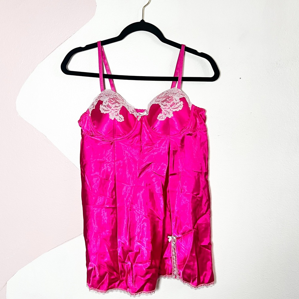 Gilligan & O'Malley Satin Lace Trim Chemise Lingerie Large Fuchsia Pink
